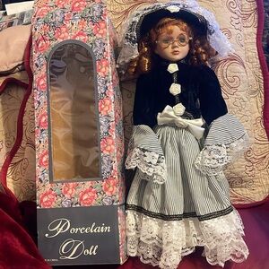 Redhead Girl 18” Porcelain Doll with Lace Dress & Lace Hat & Black Shoes